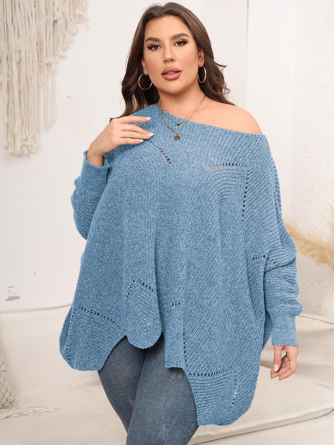 Plus Size Round Neck Batwing Sleeve Sweater 