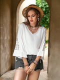 Plus Size Lace Detail V-Neck Three-Quarter Sleeve Blouse 