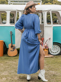 Plus Size Ruched Slit Three-Quarter Sleeve Midi Dress 