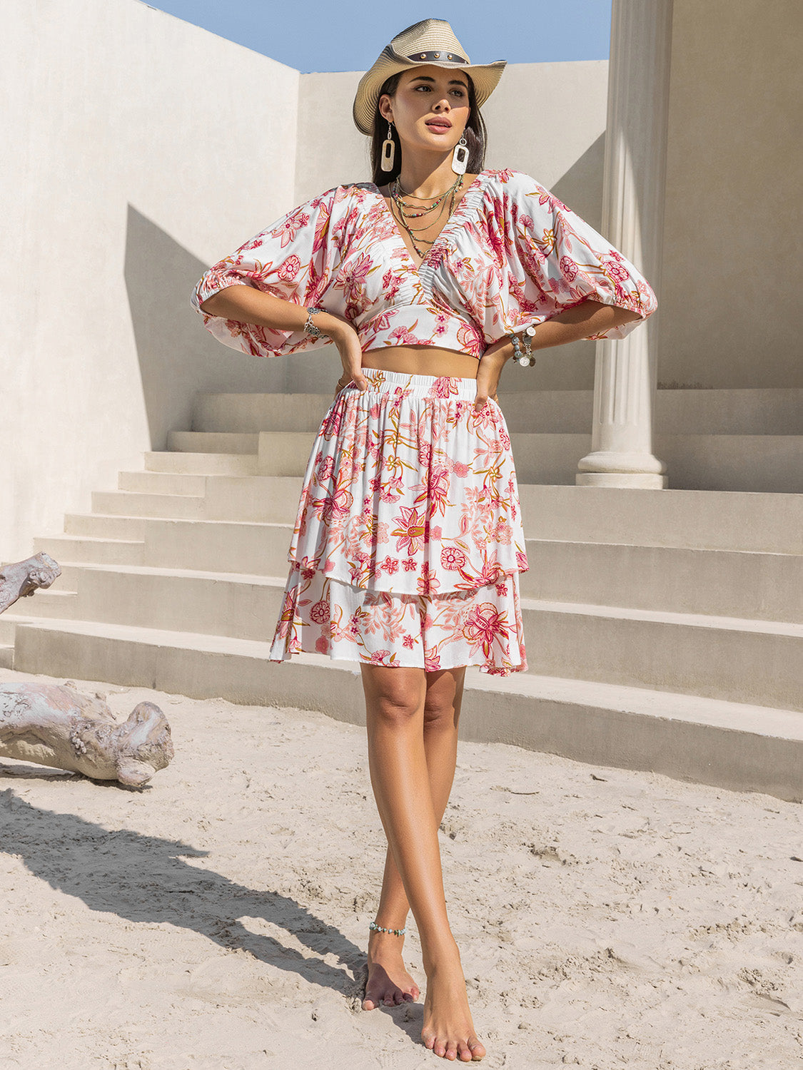 Printed Half Sleeve Top and Layered Skirt Set 