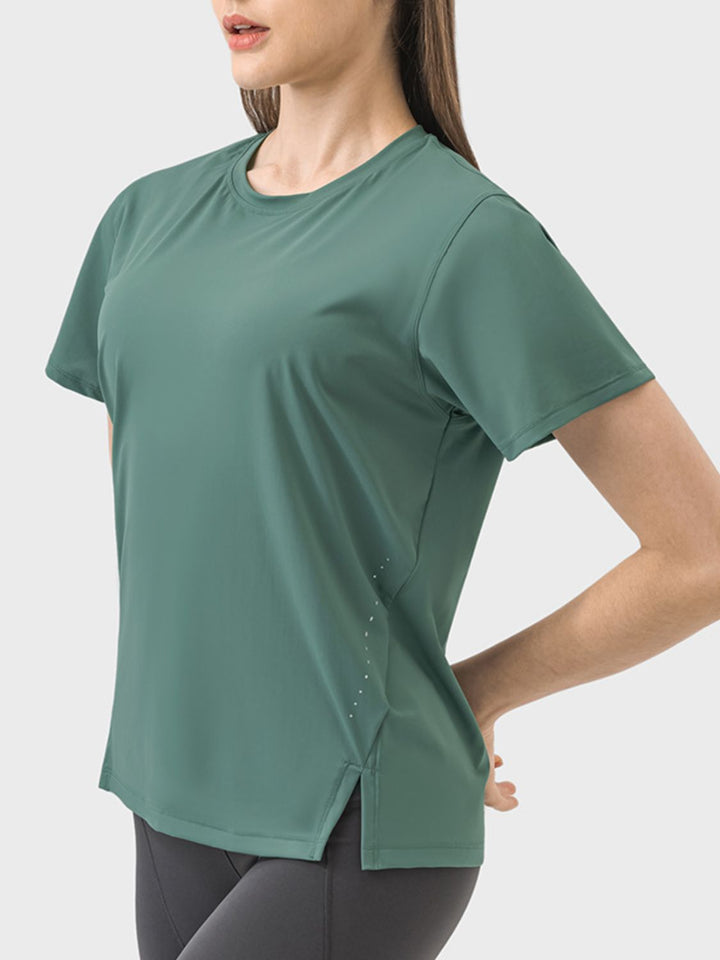 Millennia Slit Round Neck Short Sleeve Active T-Shirt 