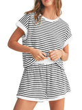 Full Size Contrast Striped T-Shirt and Shorts Set Plus Size