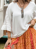 Plus Size Lace Detail V-Neck Three-Quarter Sleeve Blouse 
