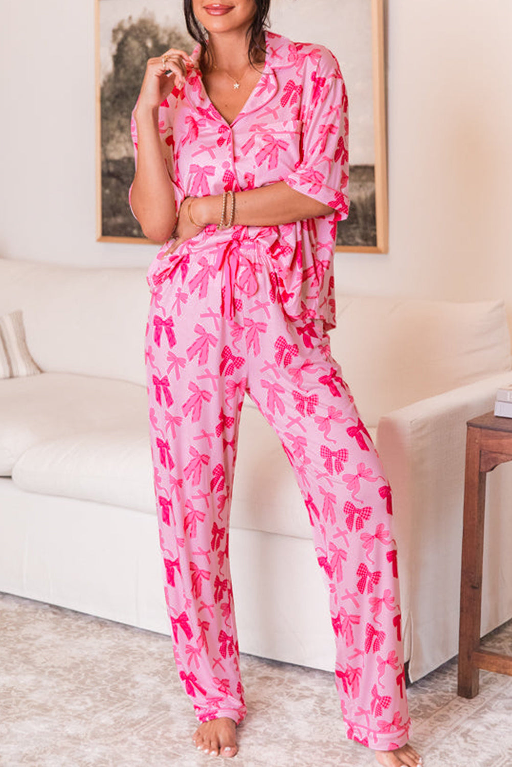 Pink Bow Knot Print Lapel Collar Short Sleeve and Pants Pajamas Set Loungewear & Sleepwear/Sleepwear