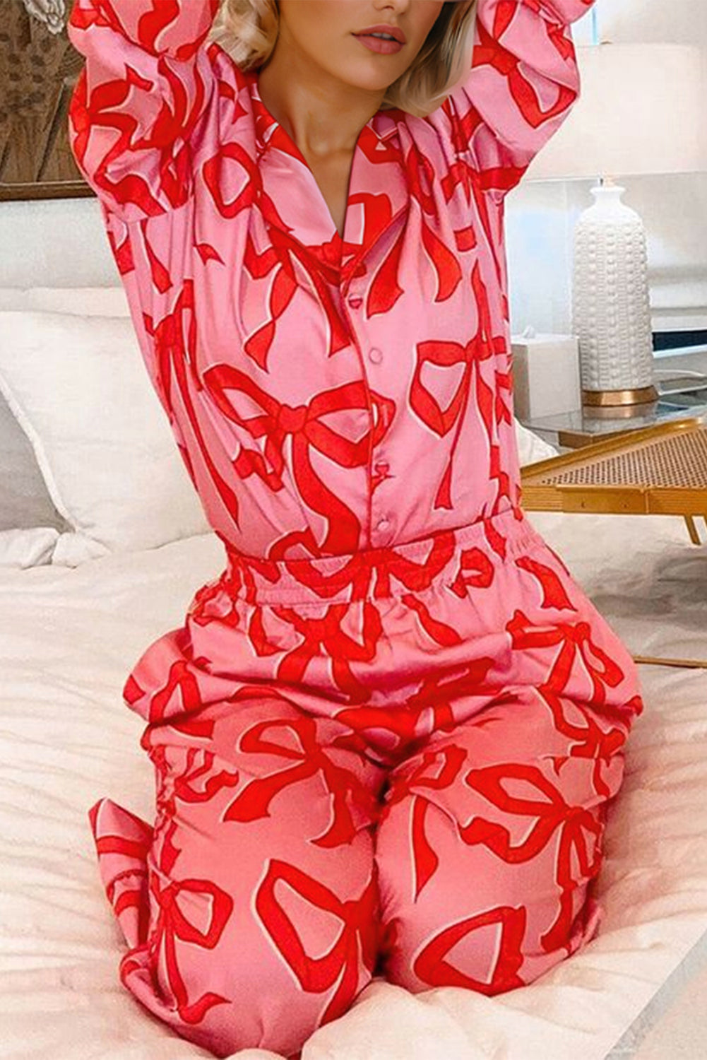 Pink 2pcs Bow Print Shirt Style Long Sleeve Pajama Set Loungewear & Sleepwear/Sleepwear