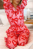 Pink 2pcs Bow Print Shirt Style Long Sleeve Pajama Set Loungewear & Sleepwear/Sleepwear