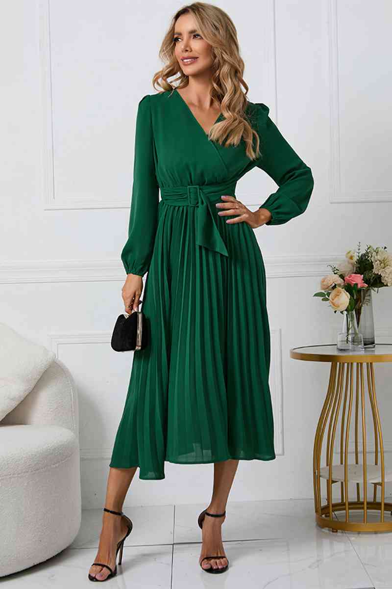 V-Neck Long Sleeve Tie Waist Midi Dress Dresses