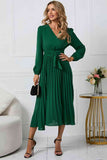 V-Neck Long Sleeve Tie Waist Midi Dress Dresses