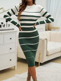 Devine Color Block Round Neck Long Sleeve Midi Dress 