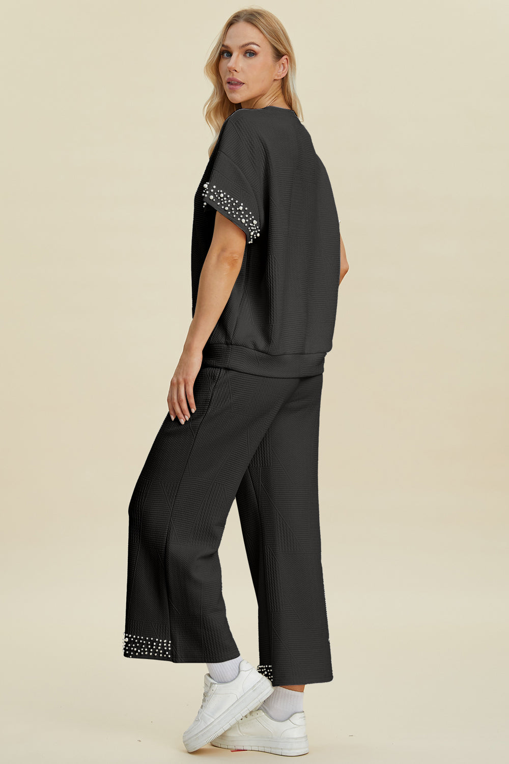 Double Take Full Size Pearl Detail Round Neck Top and Pants Set 