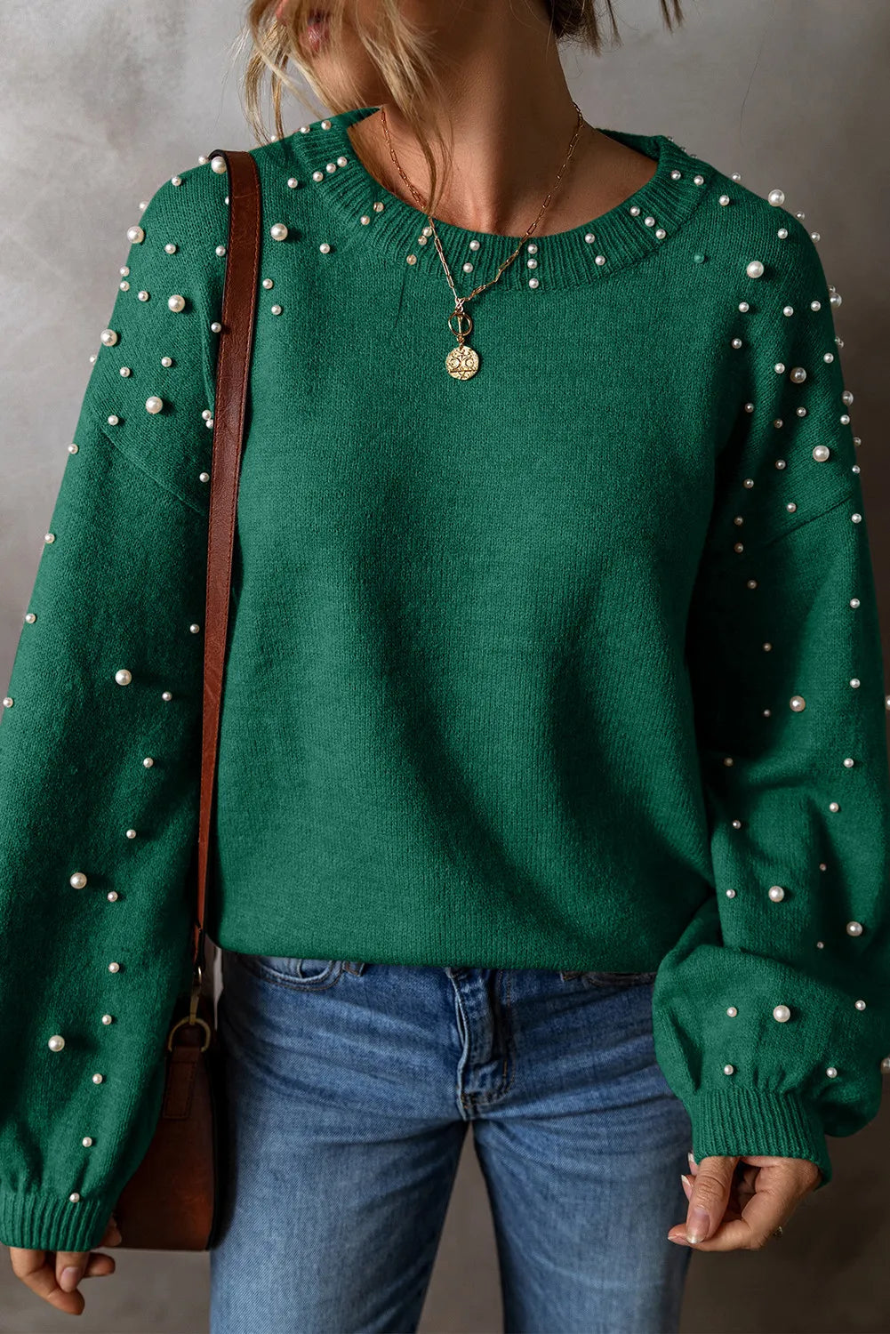 Pearl Detail Round Neck Long Sleeve Sweater 