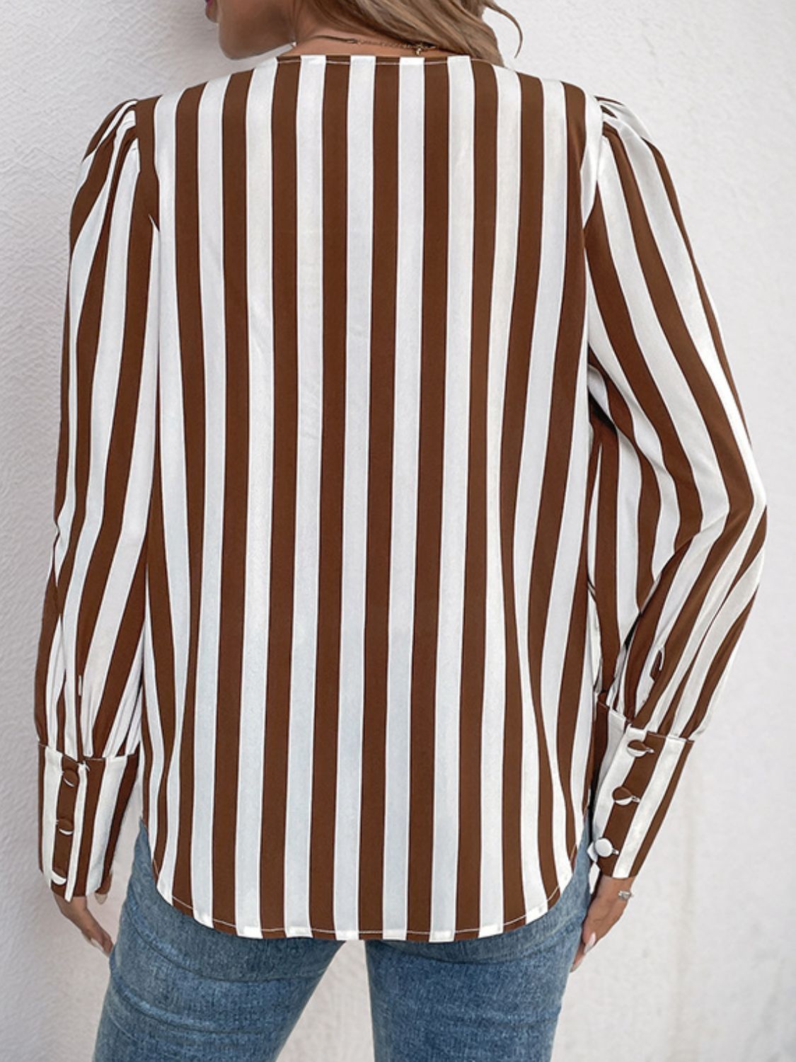 Perfee Striped Round Neck Long Sleeve Blouse 