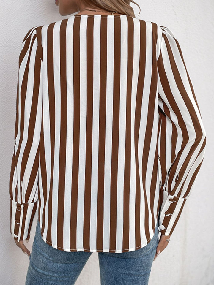 Perfee Striped Round Neck Long Sleeve Blouse 