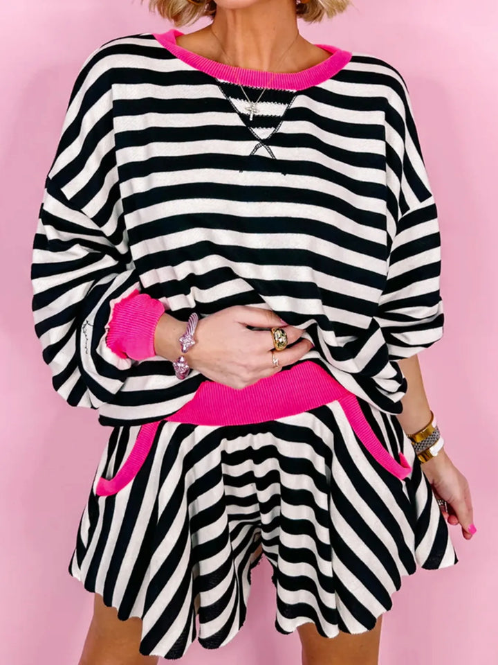 Stripe Contrast Ribbed Banding Long Sleeve Blouse and Loose Shorts Set Two Piece Dresses