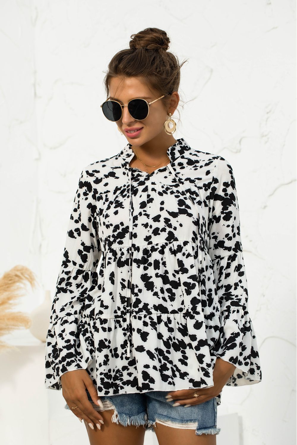 Printed Flare Sleeve Tie Neck Ruffle Trim Blouse 