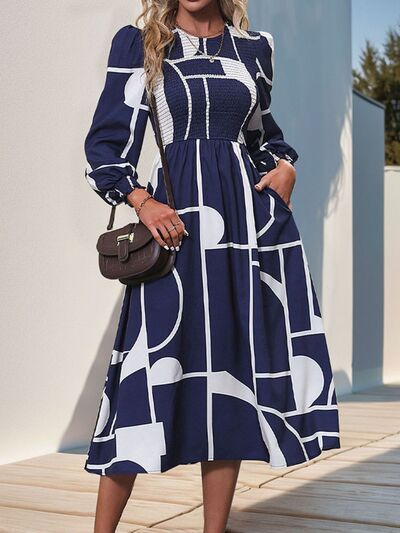 Perfee Smocked Color Block Long Sleeve Midi Dress Dresses