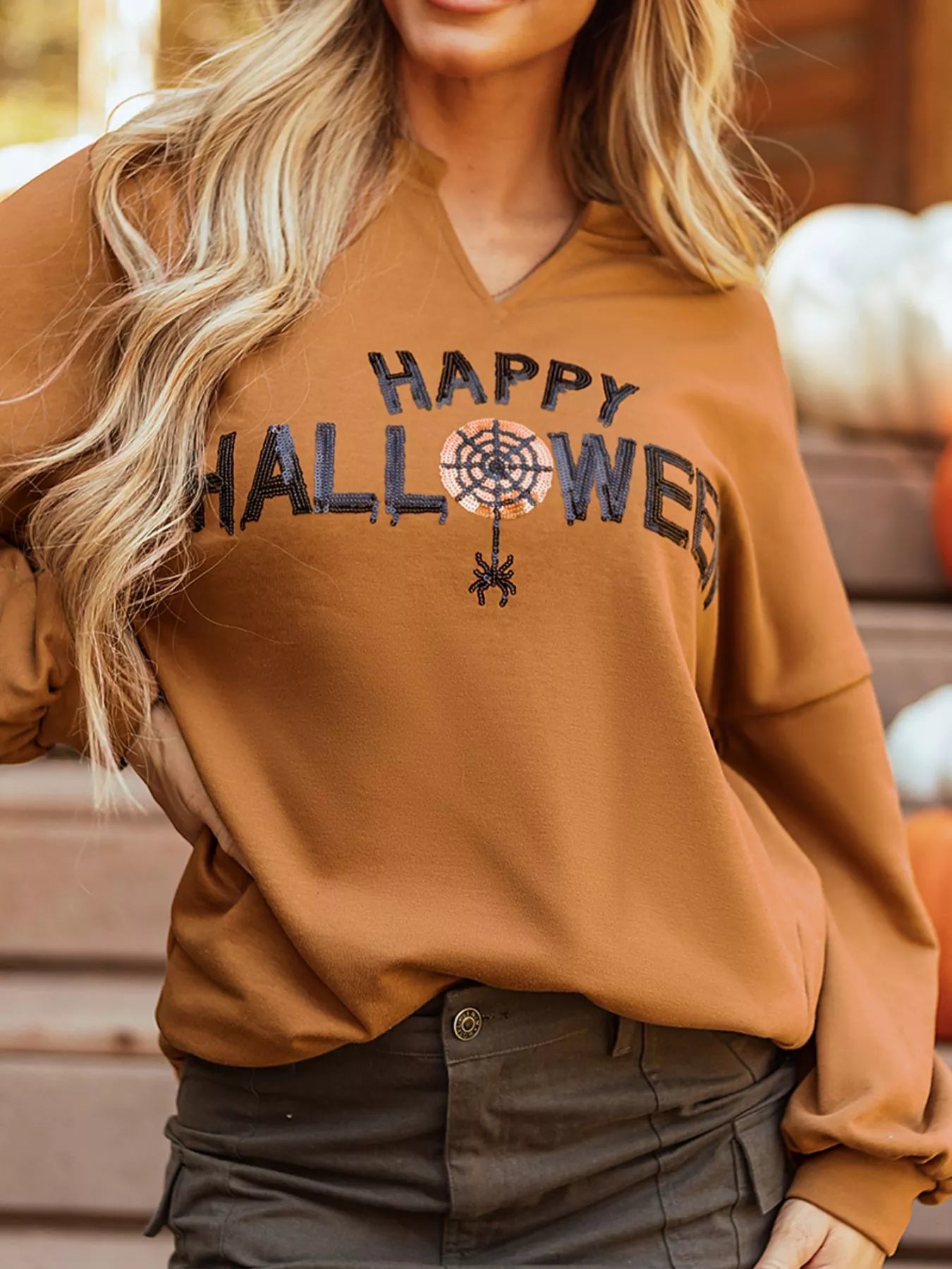 Happy Halloween Graphic Notched Long Sleeve Loose Top 