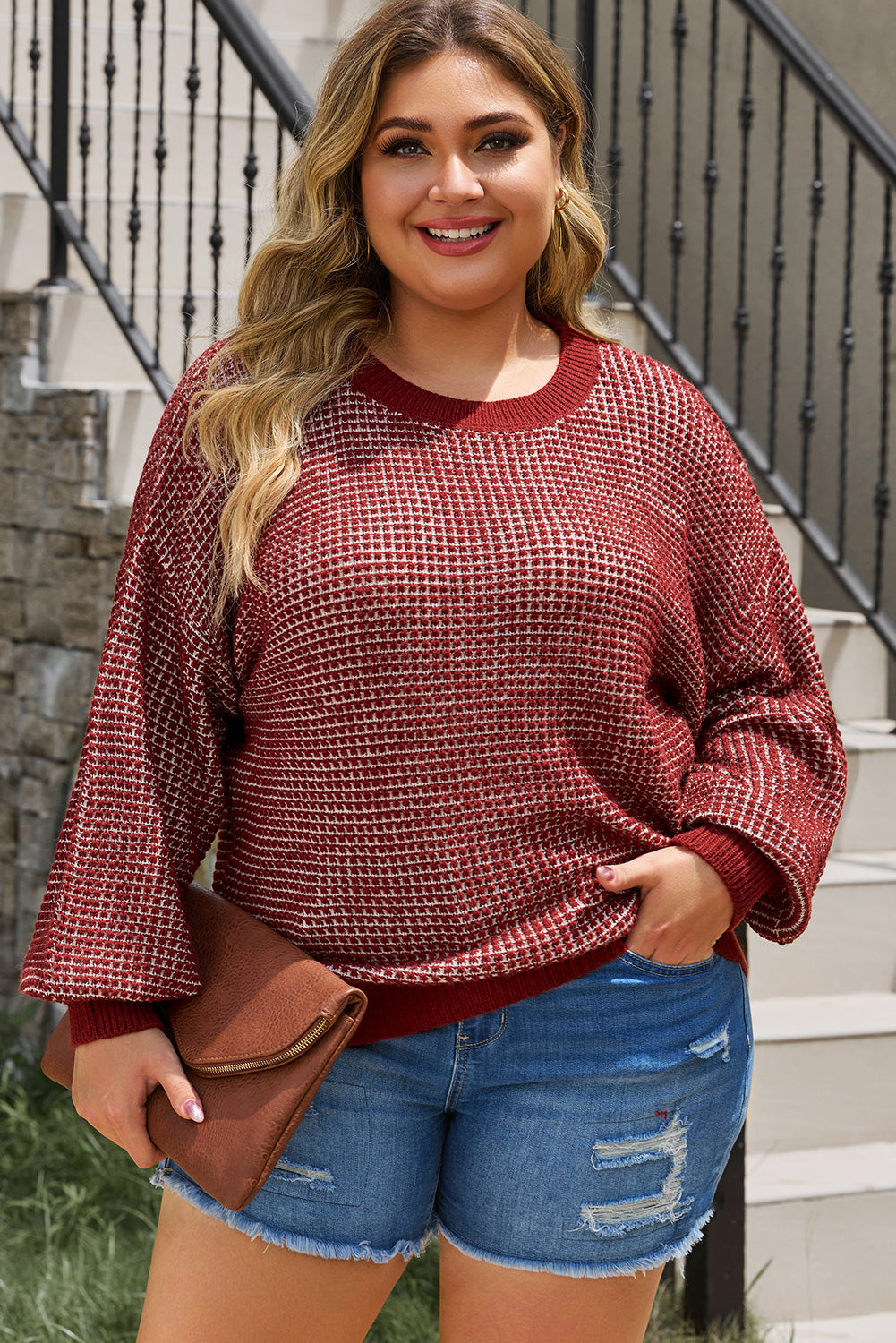 Plus Size Waffle-Knit Round Neck Dropped Shoulder Sweater 