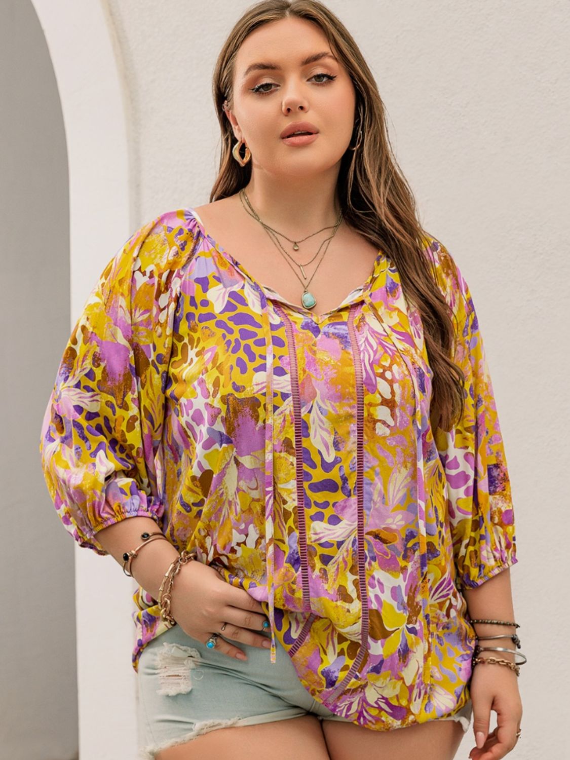 Plus Size Printed Tie Neck Blouse 