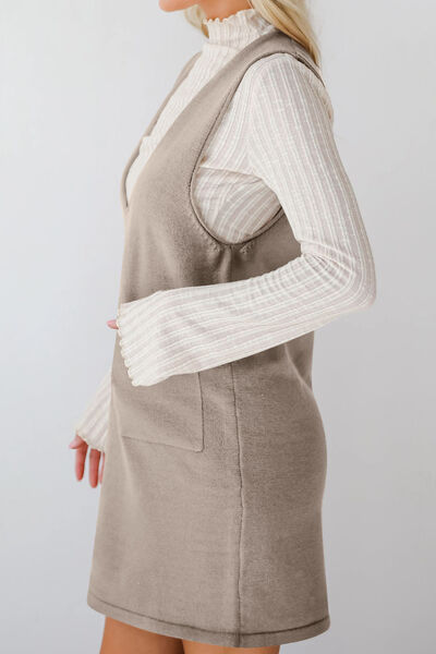 Lovelet Pocketed V-Neck Mini Sweater Overall Dress Dresses