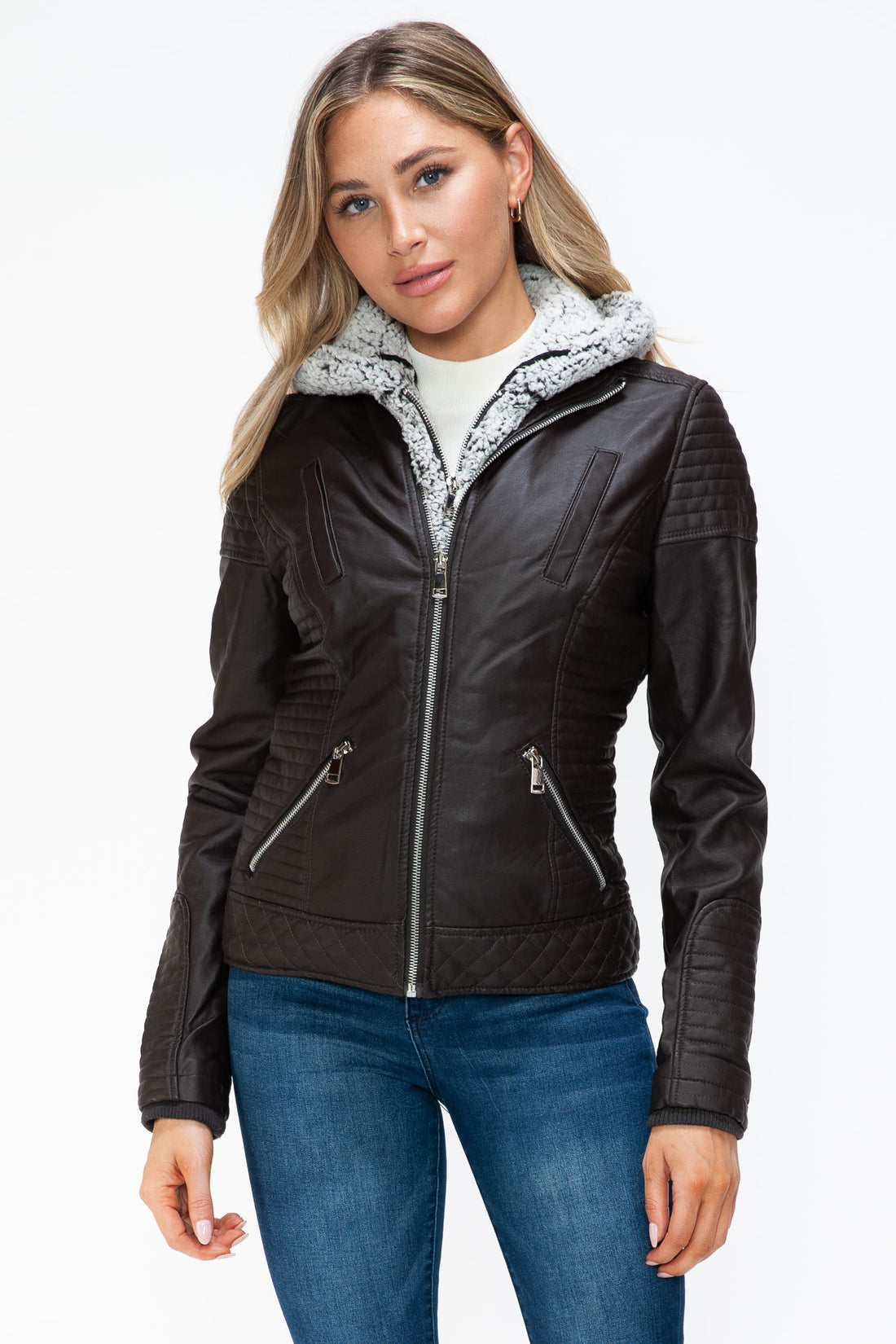 YMI Faux Layered Double-Zipper Jacket with Fuzzy Hood 