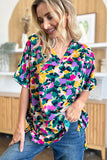Double Take Full Size Printed V-Neck Short Sleeve Side Slit Top 