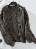 Cable Knit Round Neck Cold Shoulder Sweater 