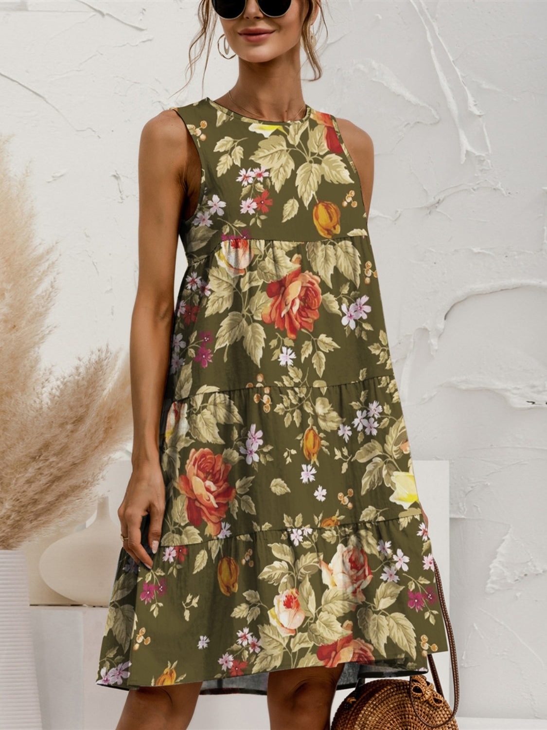 FAM-FAM Tiered Printed Round Neck Sleeveless Dress 