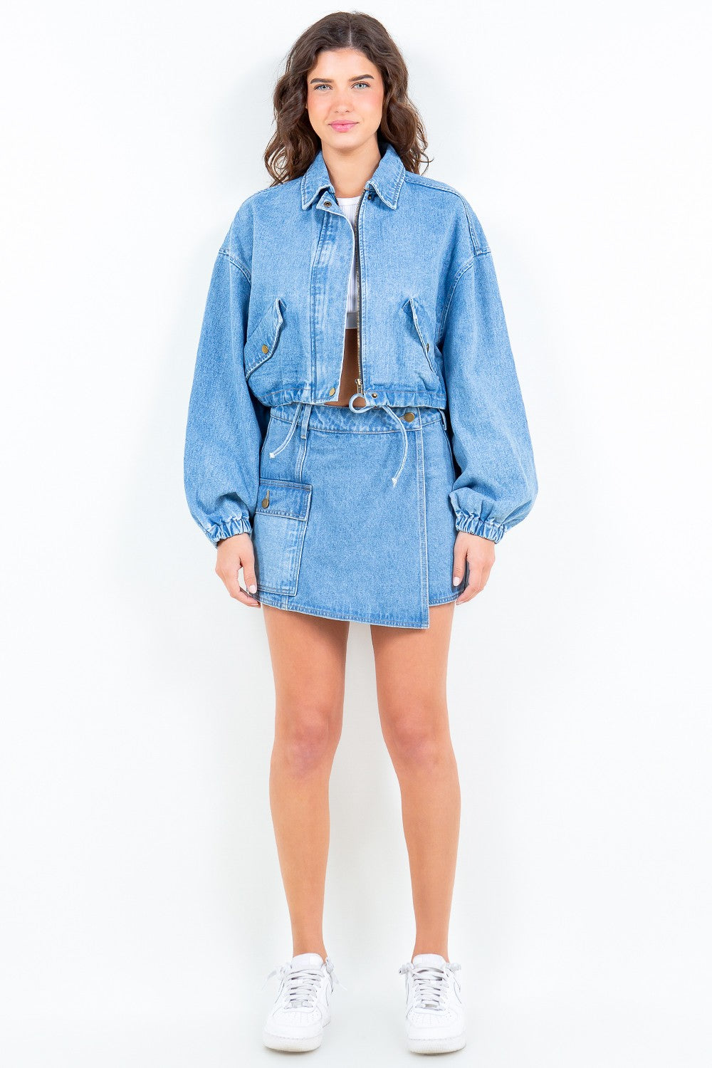American Bazi Drawstring Waist Crop Denim Jacket 
