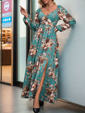 Perfee Slit Printed Surplice Long Sleeve Maxi Dress Dresses