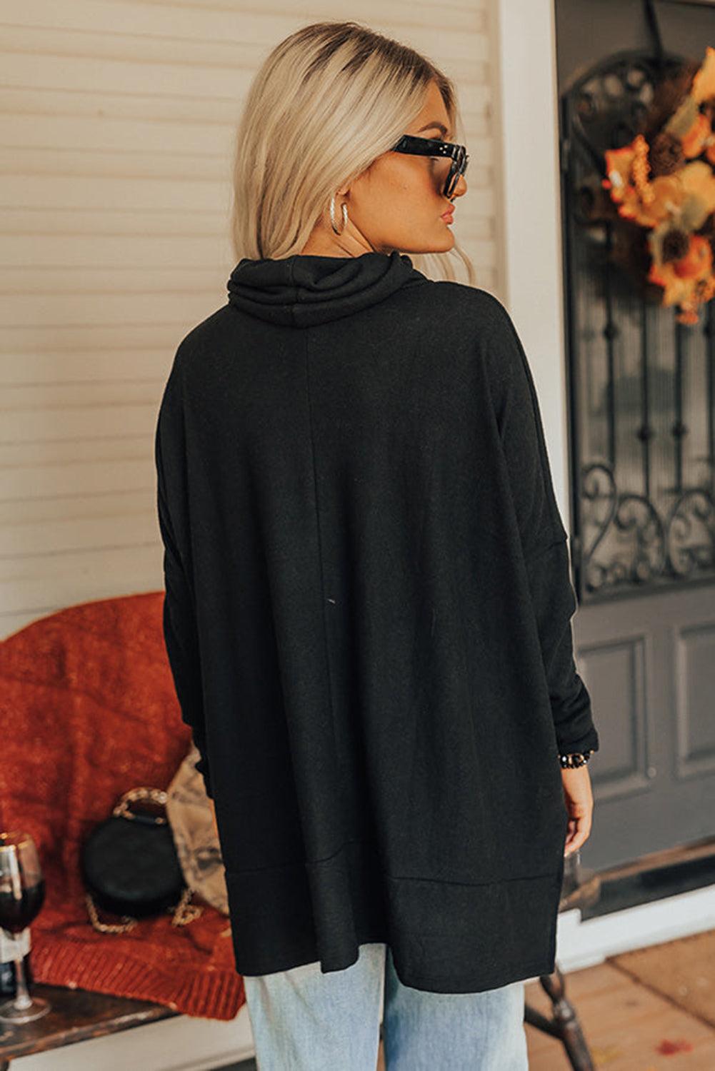Side Slit High-Low Cowl Neck Long Sleeve Blouse 