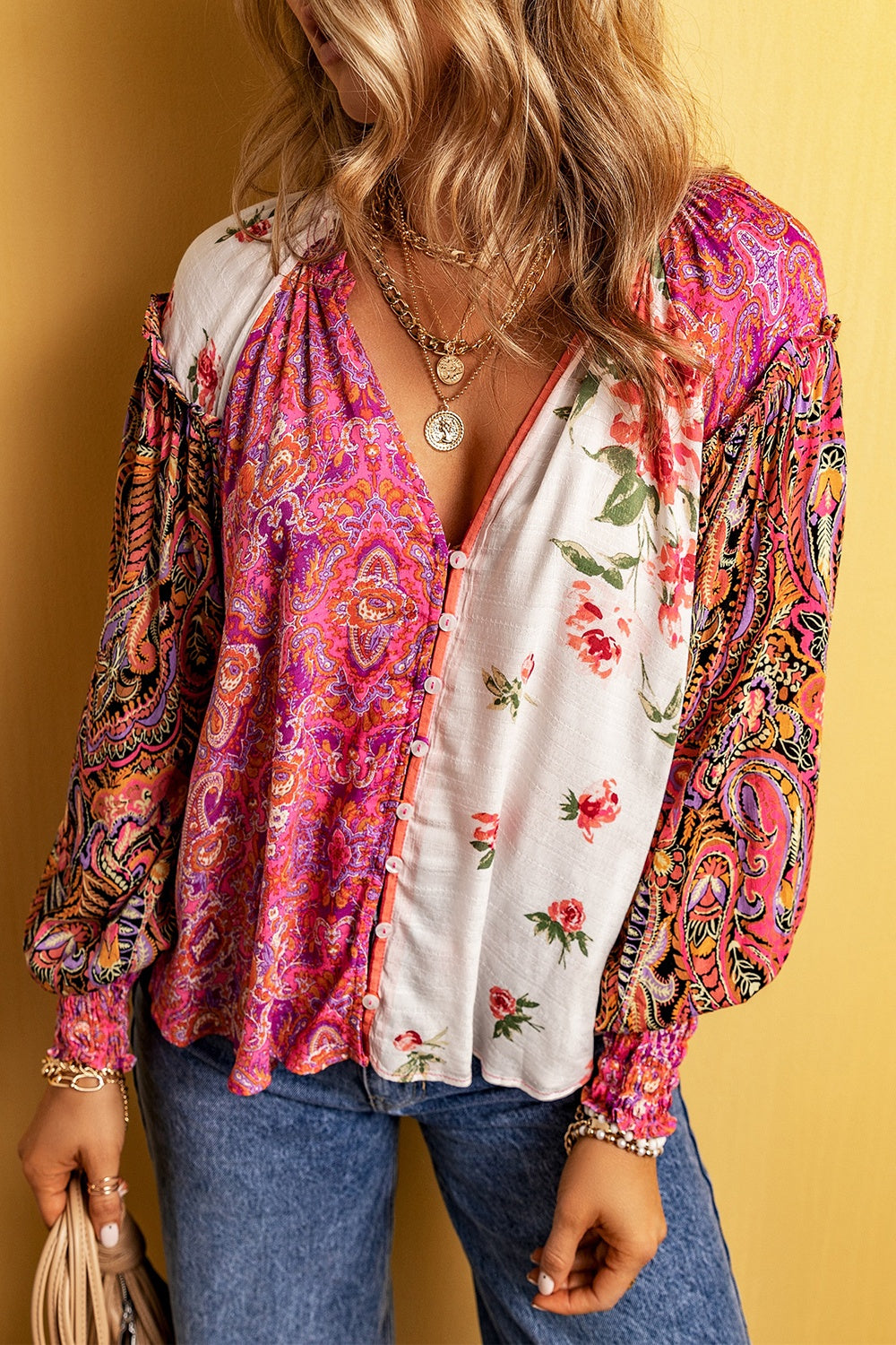 Plus Size Frill Printed V-Neck Long Sleeve Blouse 