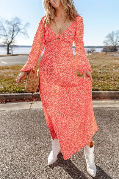 Printed V-Neck Long Sleeve Midi Dress Dresses