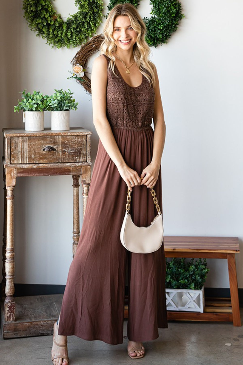 First Love Tie Back Sleeveless Slit Wide Leg Jumpsuit 