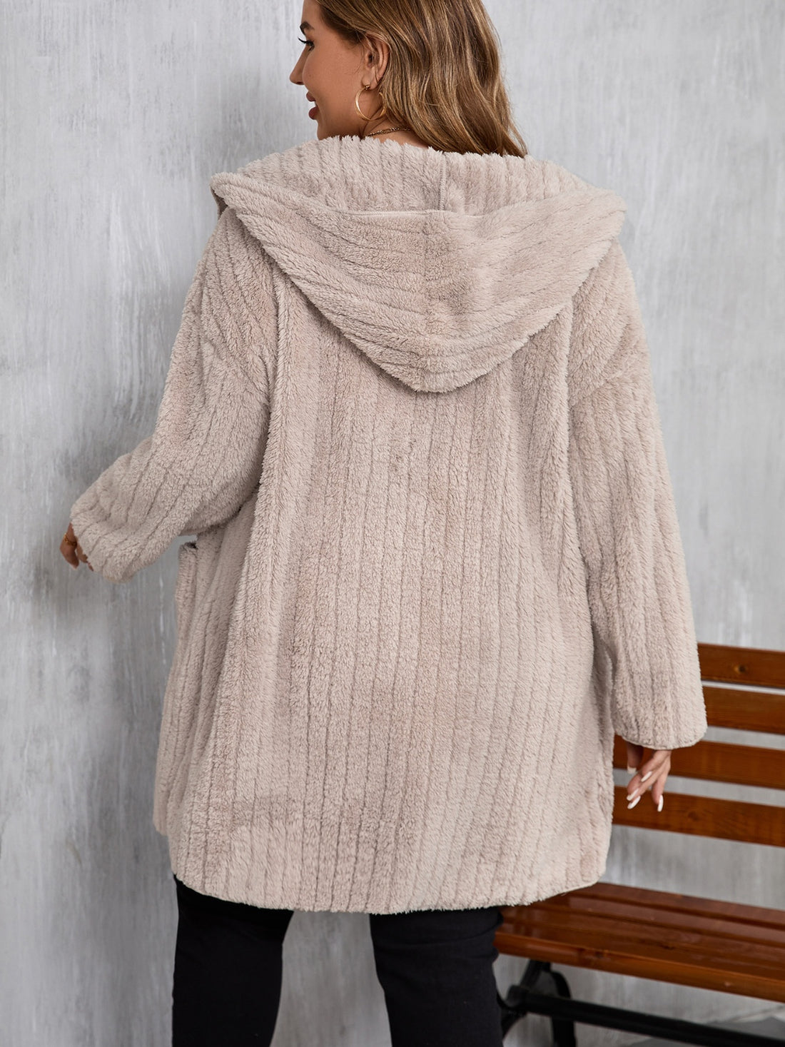 Plus Size Open Front Long Sleeve Hooded Fuzzy Jacket 