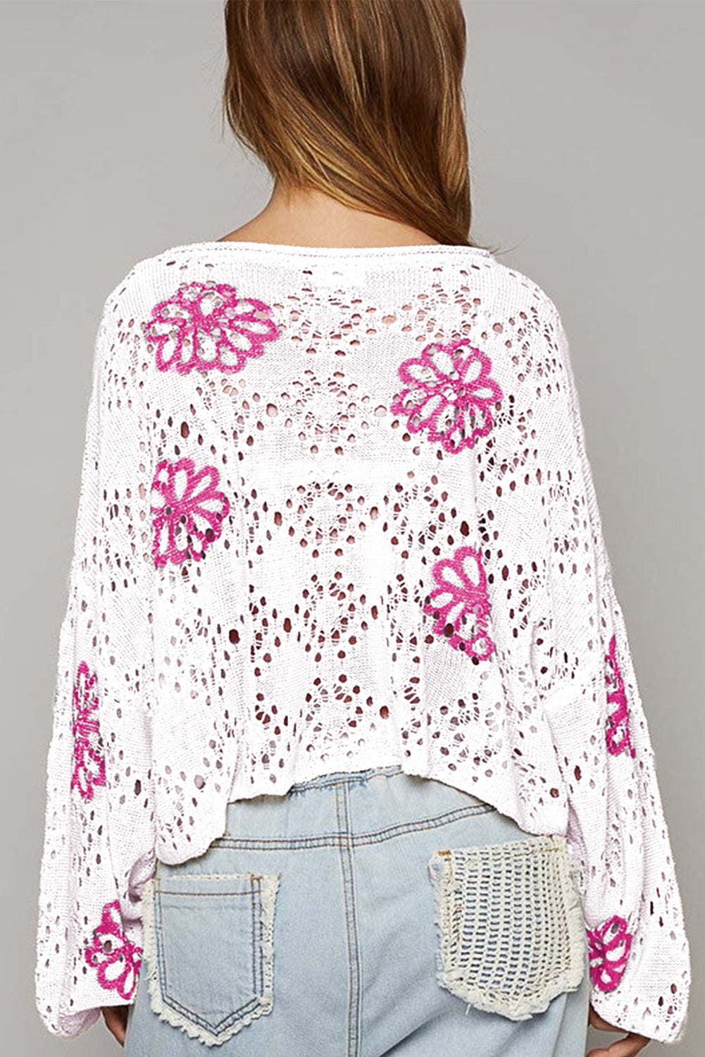Beige Contrast Flower Print Eyelet Drop Shoulder Sweater Sweaters & Cardigans/Sweaters