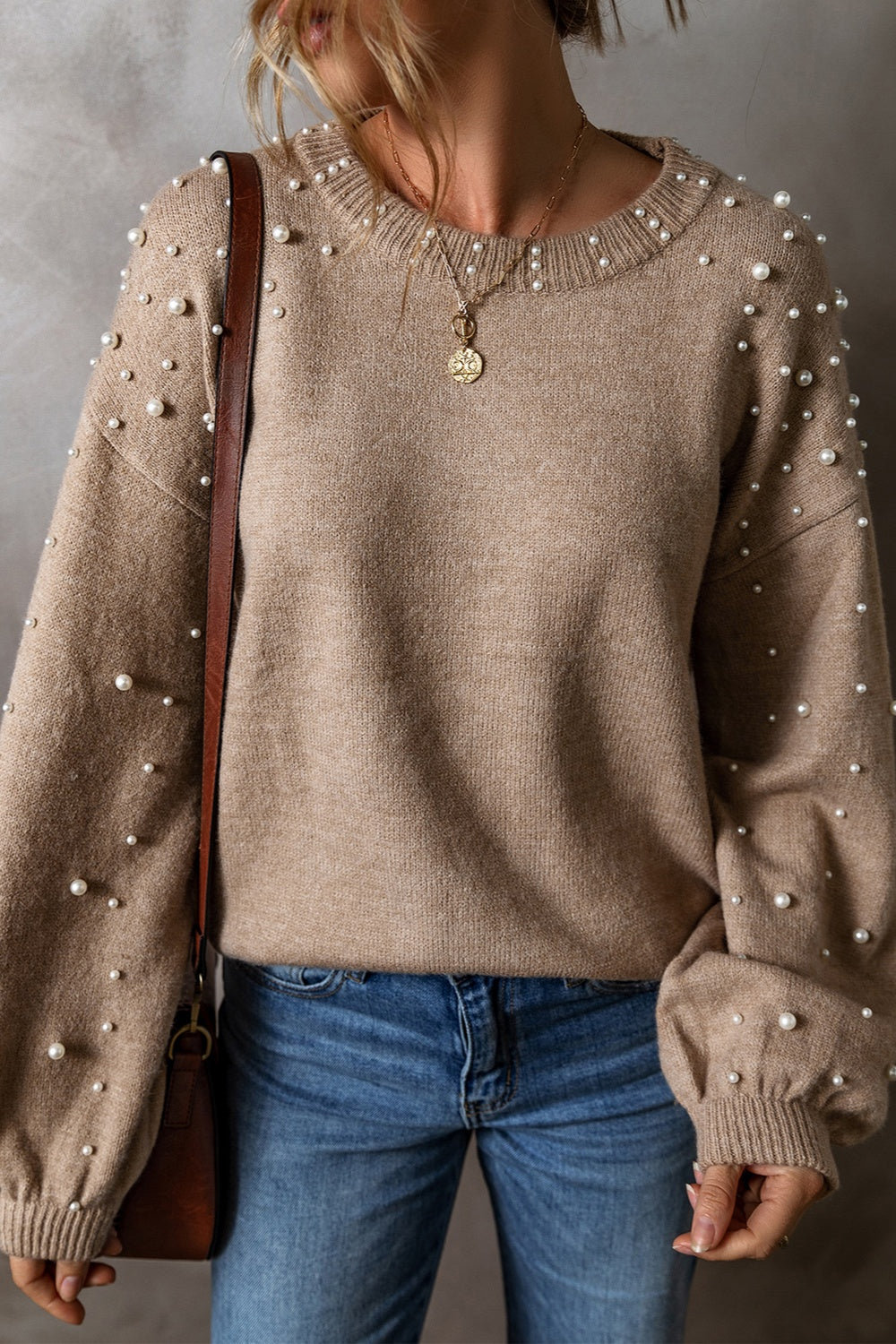 Pearl Detail Round Neck Long Sleeve Sweater 