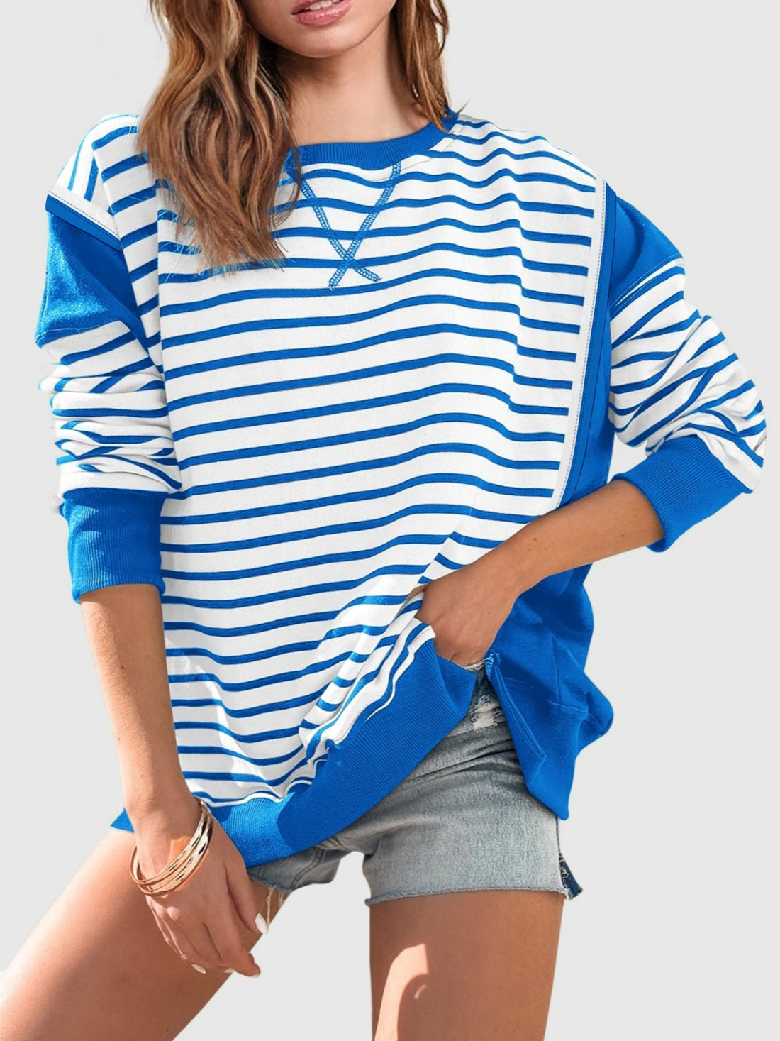 Slit Exposed Seam Striped Long Sleeve Sweatshirt 