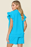 Double Take Full Size Texture Flounce Sleeve Top and Drawstring Shorts Set 