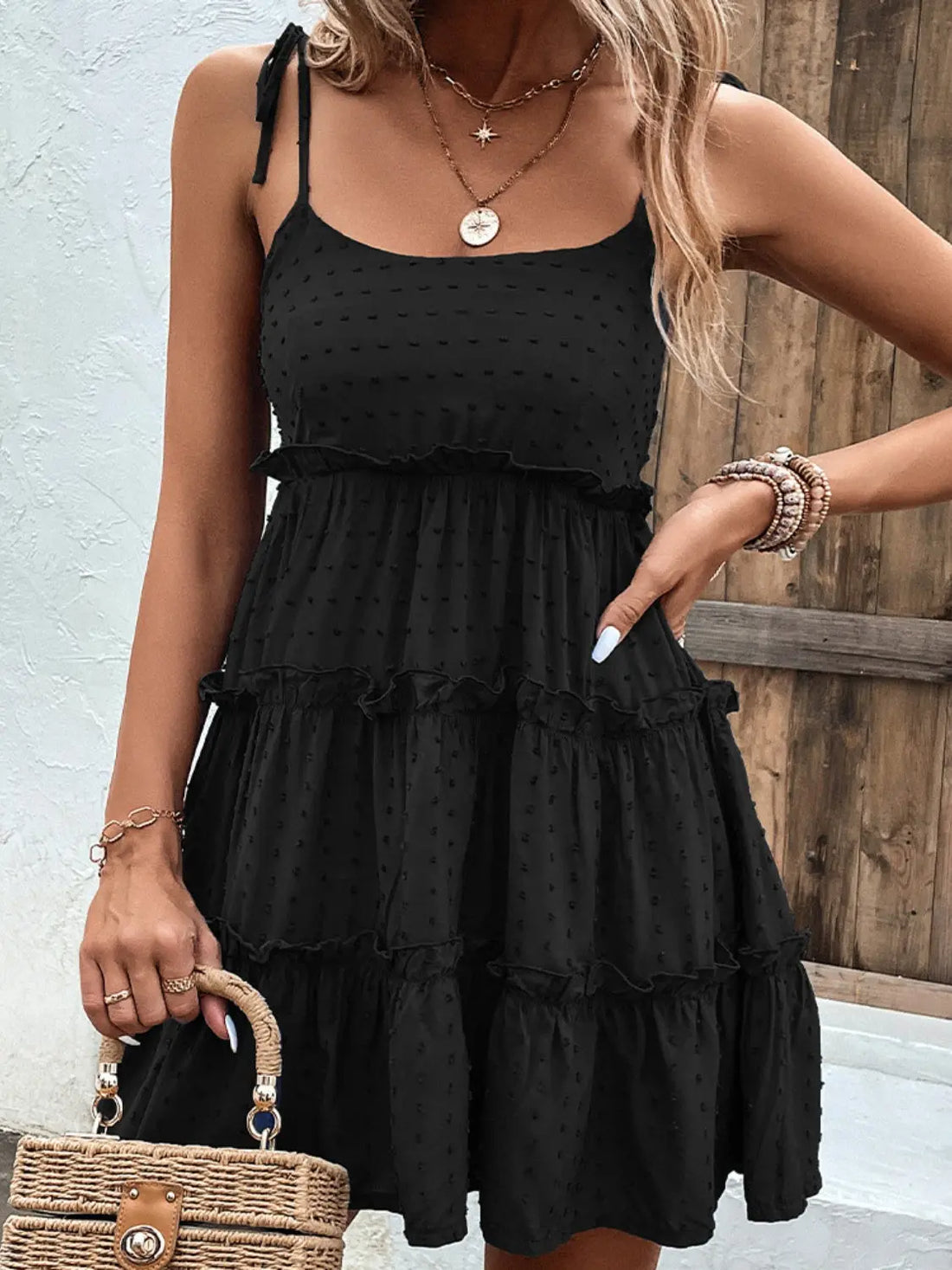 Shiny Frill Spaghetti Strap Tiered Dress 