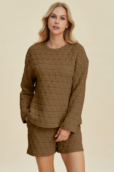 Double Take Full Size Texture Round Neck Long Sleeve Top and Shorts Set 