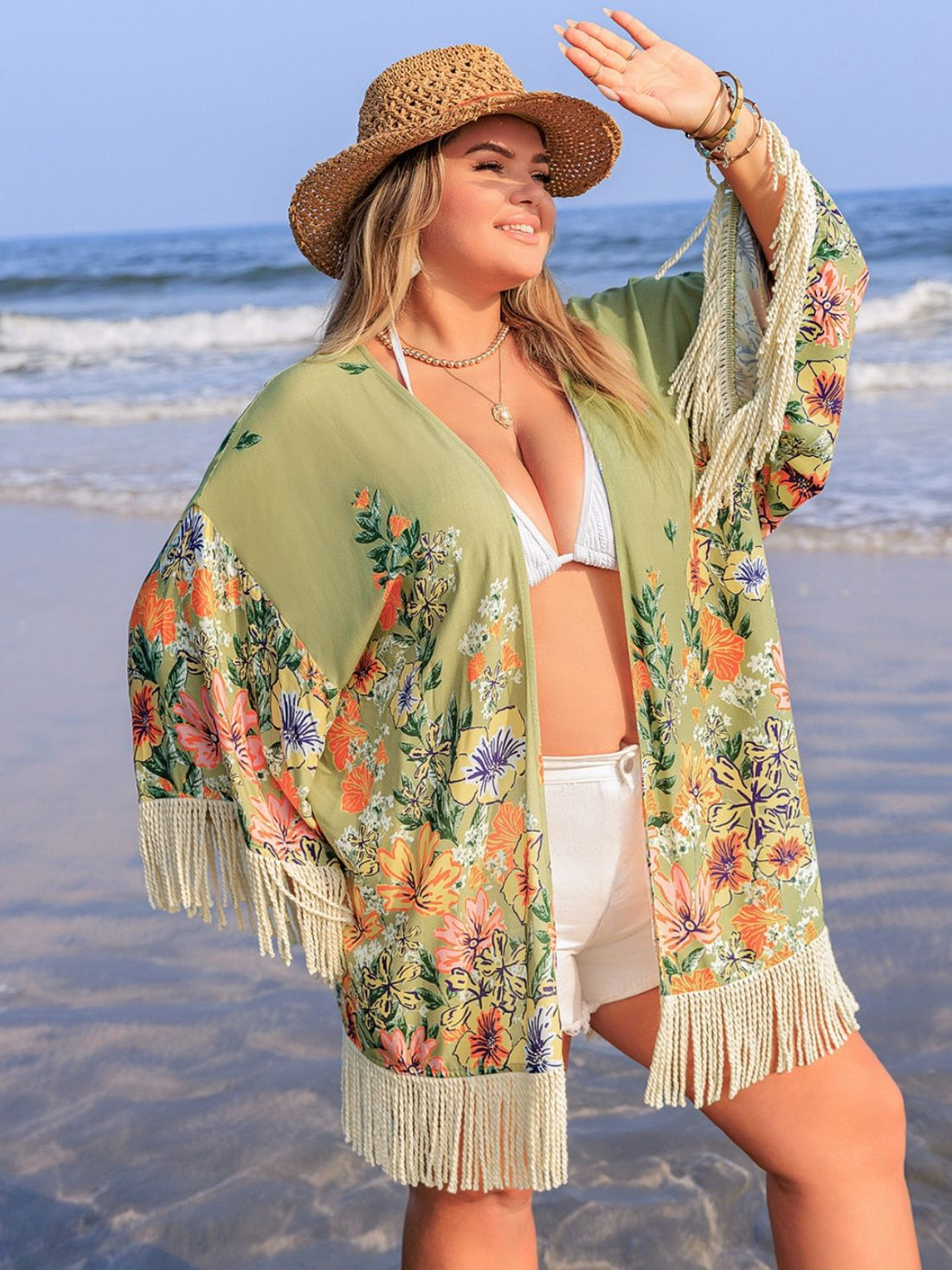 Plus Size Fringe Open Front Cover-Up 