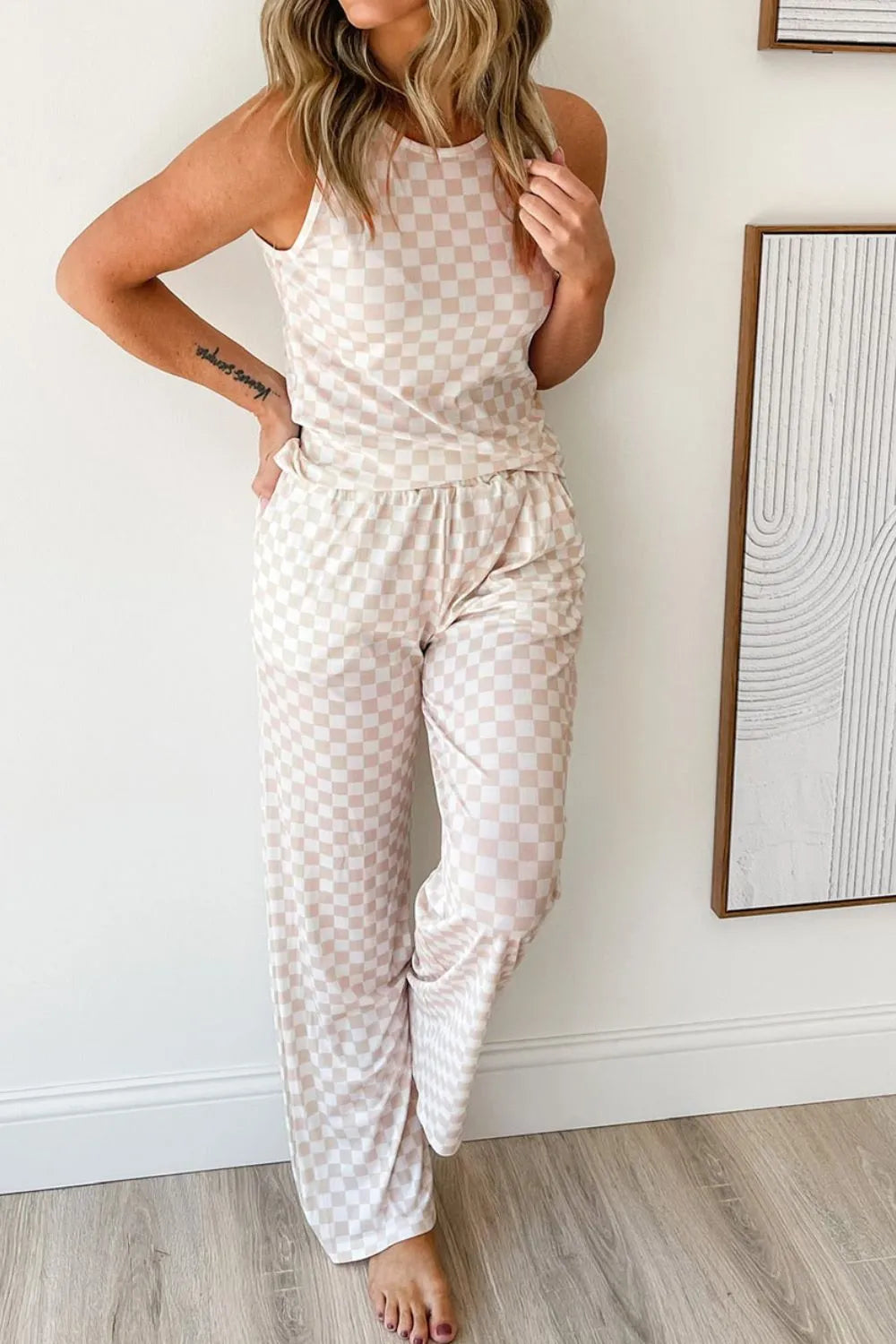 Ribbed Texture Checkered Print Tank and Pants Set Lingerie & Nightwear