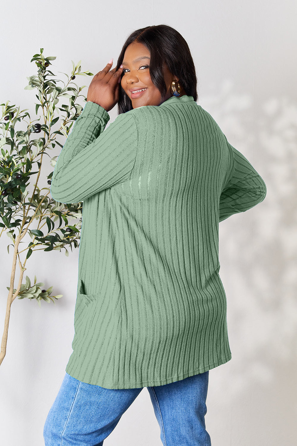 Basic Bae Full Size Ribbed Open Front Cardigan with Pockets 