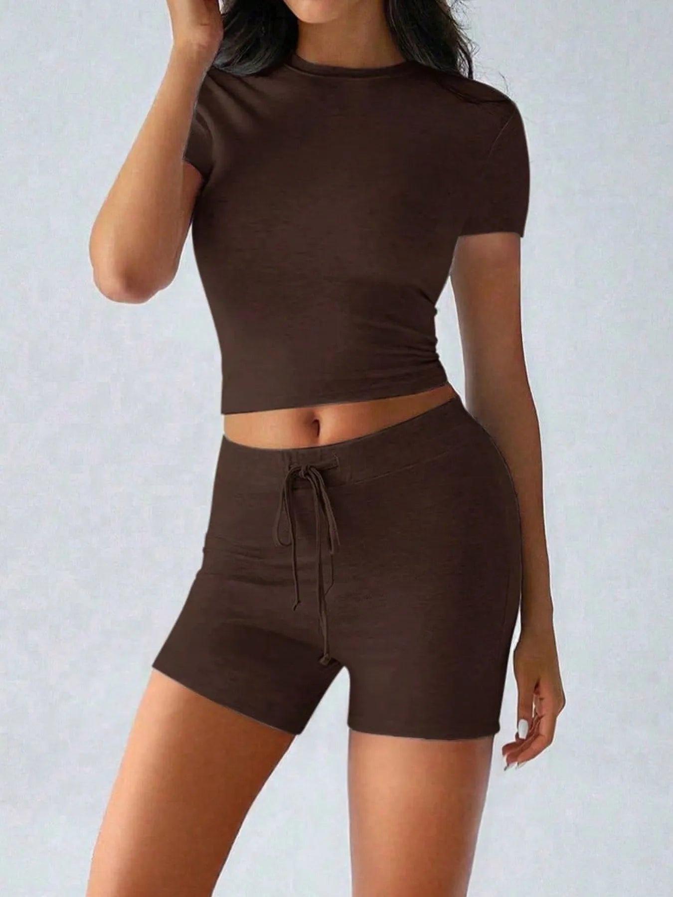 Round Neck Short Sleeve Top and Shorts Set 