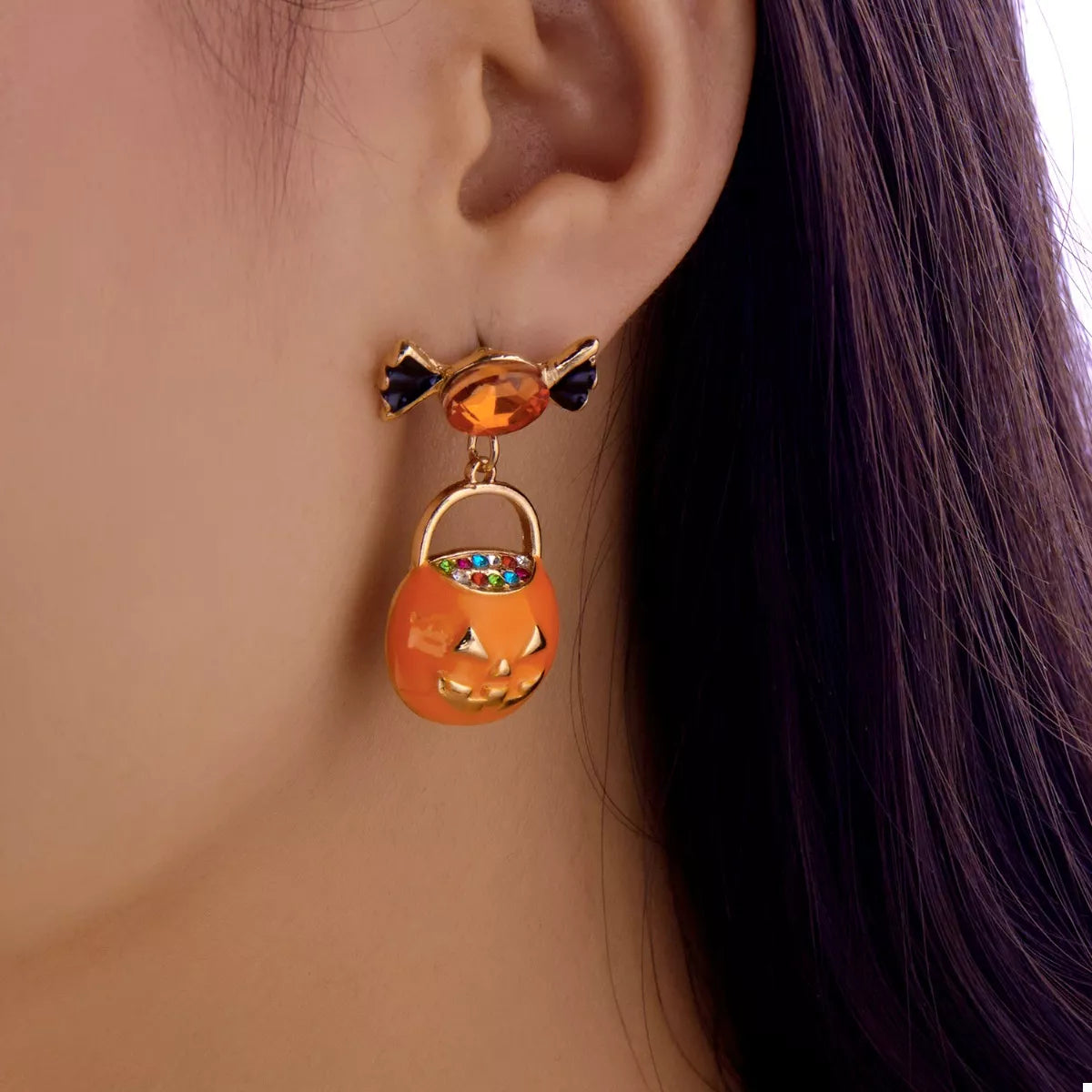 Halloween Rhinestone Pumpkin Dangle Earrings 