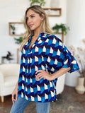 Double Take Full Size Geometric Notched Half Sleeve Blouse 