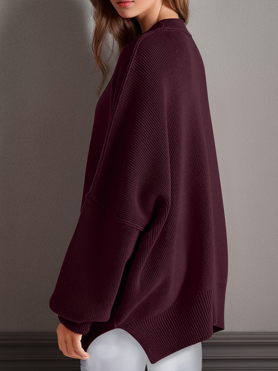 Double Take Side Slit Round Neck Long Sleeve Sweater 