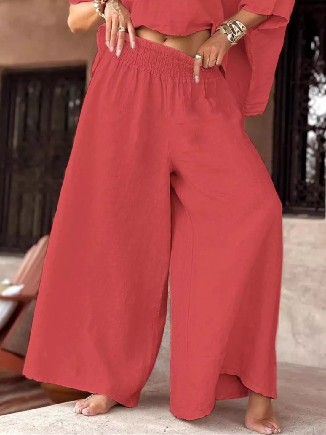 Full Size Boat Neck Top and Wide Leg Pants Set Plus Size Two Piece Dresses
