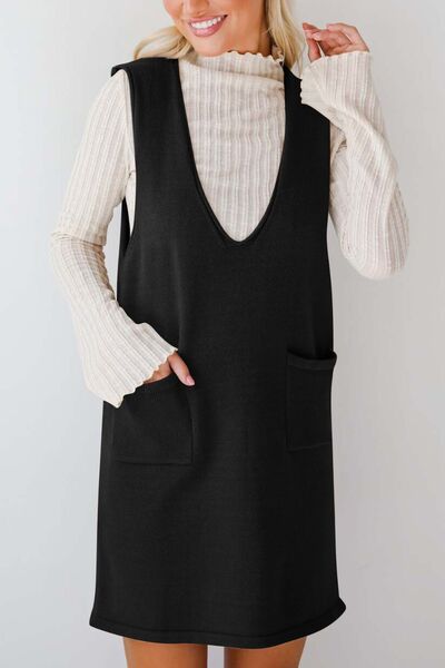 Lovelet Pocketed V-Neck Mini Sweater Overall Dress Dresses